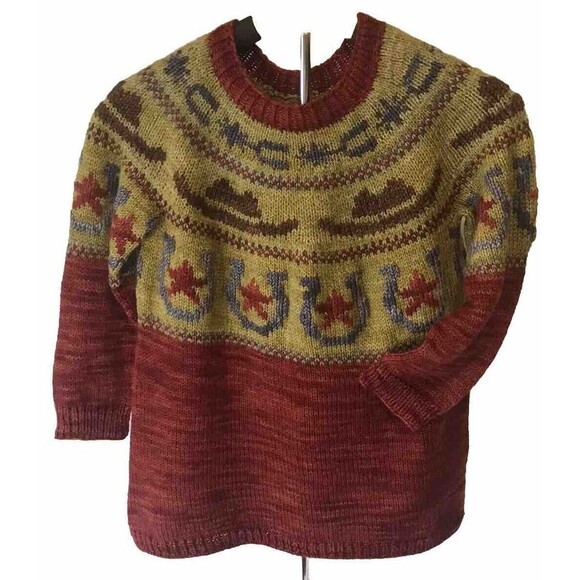 Cowboy Sweater Unisex Sx M Red/Tan Yarn Western Style Theme - Picture 5 of 5